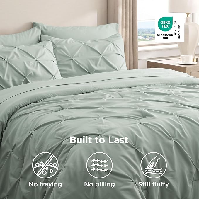 Bedsure Twin XL Comforter Set - Extra Long 5 Pieces Dorm Bedding Sets, GentleSoft™ Pinch Pleat Sage Green Bed in a Bag with Pintuck Comforter, Sheets, Pillowcase & Sham
