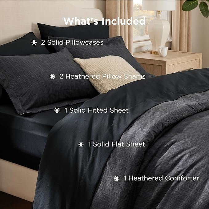 Bedsure Full Comforter Set Black - Bed in a Bag Full Size Bedding 7 Pieces, Cationic Dyed Bed Set Gift for Family, Black Soft Bedding for All Seasons Comforter with Sheets, Pillowcases & Shams