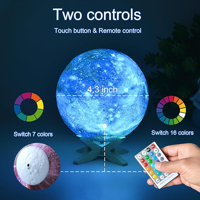 4.3'' Moon Lamp Kids Night Light Galaxy Lamp 16 Colors LED Moon Light with Touch & Remote Control Bedside Lamp as Christmas Birthday Gifts for Girls/Boys/Kids