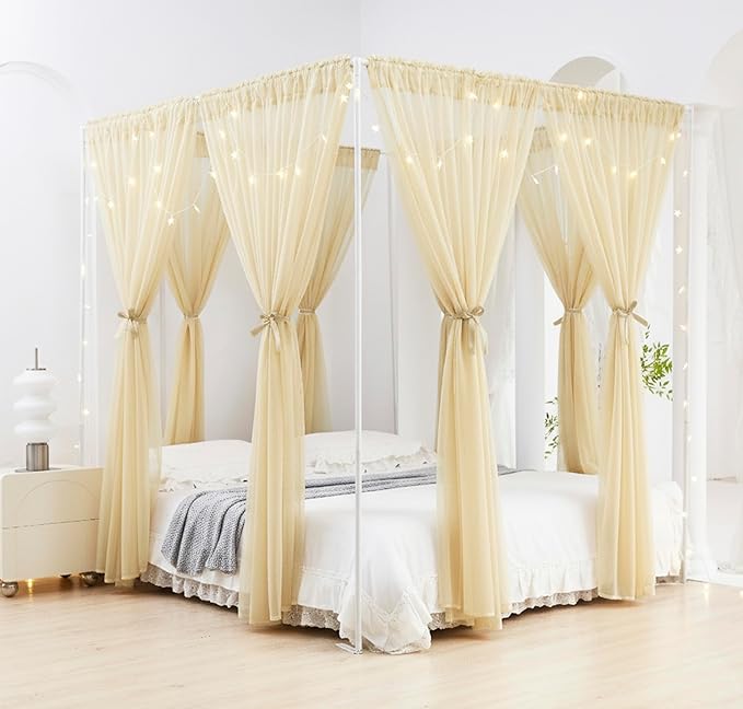 Akiky Canopy Bed Curtains 8 Panel Bed Curtains Drapes for King Size Bed Sheer Canopy Bed Drapes with Lights(Khaki)