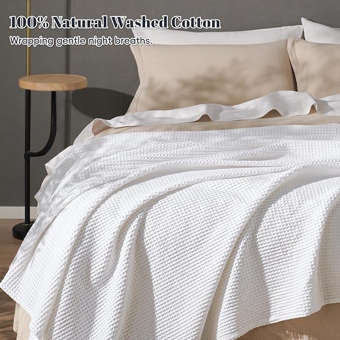 PHF 100% Cotton Waffle Weave Blanket King Size for Bed,Snag Proof Lightweight Breathable Moisture-Wicking Throw for Couch,Great for Layering in Cold Weather,Machine Washable,Home Decor Gift-White