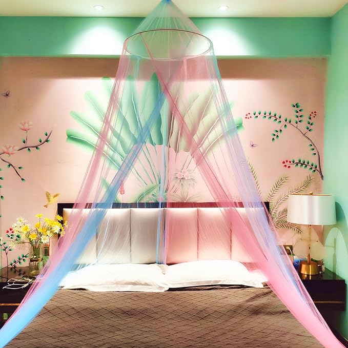 Eimilaly Two-Tone Bed Canopy Mosquito Net Pink Blue with 250pcs Warm White Lights, Bed Canopy for Girls Room Decor, Single Door