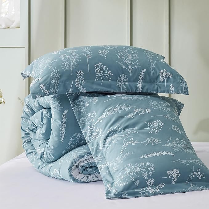 Bedsure Oversized Queen Comforter Set - Mineral Blue Bed Set, 3 Pieces Cute Floral Bedding, 1 Soft Reversible Botanical Flowers Comforter and 2 Pillow Shams