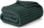 Bedsure Cooling Cotton Waffle Queen Size Blanket - Lightweight Breathable Blanket of Rayon Derived from Bamboo for Hot Sleepers, Luxury Throws for Bed, Couch and Sofa, Dark Green, 90x90 Inches