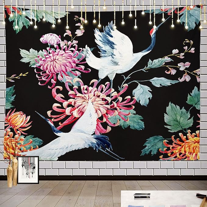 Batmerry Red Green Cranes Floral Leaves Tapestry, Traditional Japanese Watercolor Sytle Design Tapestry for Living Room Bedroom Wall Hanging Decorative 59.1x82.7 Inch