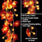 2 Pack Thanksgiving Decorations Fall Garland with Pumpkin Lights Fall Decorations for Home, Total 60 LED 20 Ft Maples Leaves Thanksgiving Lights Battery Operated Autumn Decor Indoor Outdoor Christmas