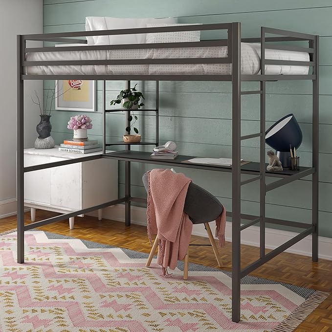Novogratz Maxwell Metal Full Loft Bed with Desk & Shelves, Gray/Black