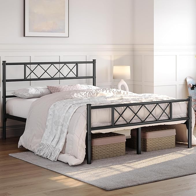 Yaheetech Queen Size Metal Platform Bed Frame with Simple Headboard and Footboard, Mattress Foundation for Under Bed Storage, Steel Slat Support, No Box Spring Needed, Easy Assembly, Black