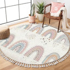Round Boho Rug Scandinavian Cartoon Rainbows with Clouds Flowers and Stars in Pastel Area Linen Carpet Patio Hallway Runner Mat Pad Minimalist Home Decor for Living Room Outdoor, 3 ft