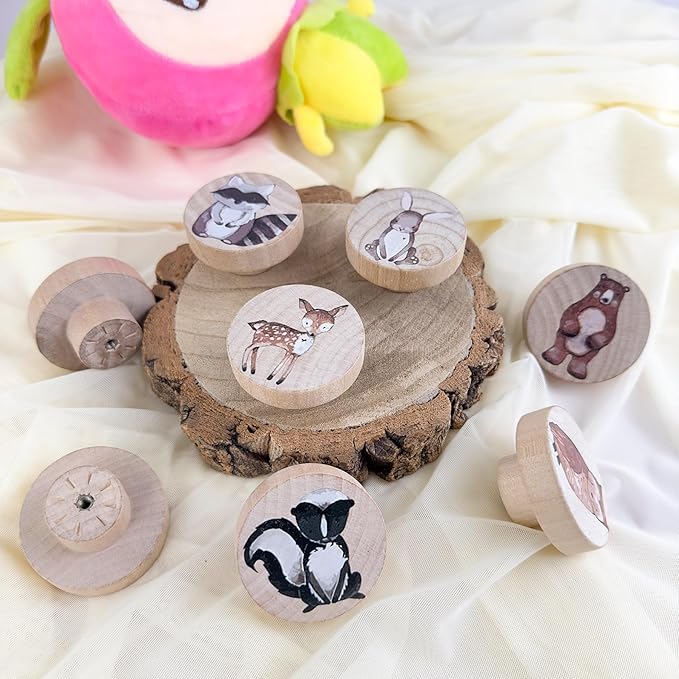 Animal Wood Dresser Cabinet Drawer Knobs Round Unique Decorative Wooden Drawer Knobs for Kids Cabinets (8, Log Color)