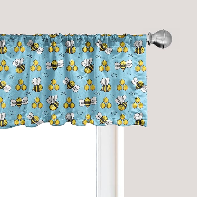 Ambesonne Cartoon Window Valance Pack of 2, Summer Style Funny Demonstration of Happy Flying Characters and Hexagon Comb, Rod Pocket Curtain Valances for Kitchen Bedroom, 42" X 18", Sky Blue Mustard