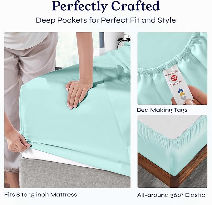 California Design Den Soft Twin Sheets Set - 400 Thread Count Sateen, 100% Cotton Sheets, Deep Pockets, Cooling and Durable Bedding Set for Dorm Rooms & Adults - Seafoam