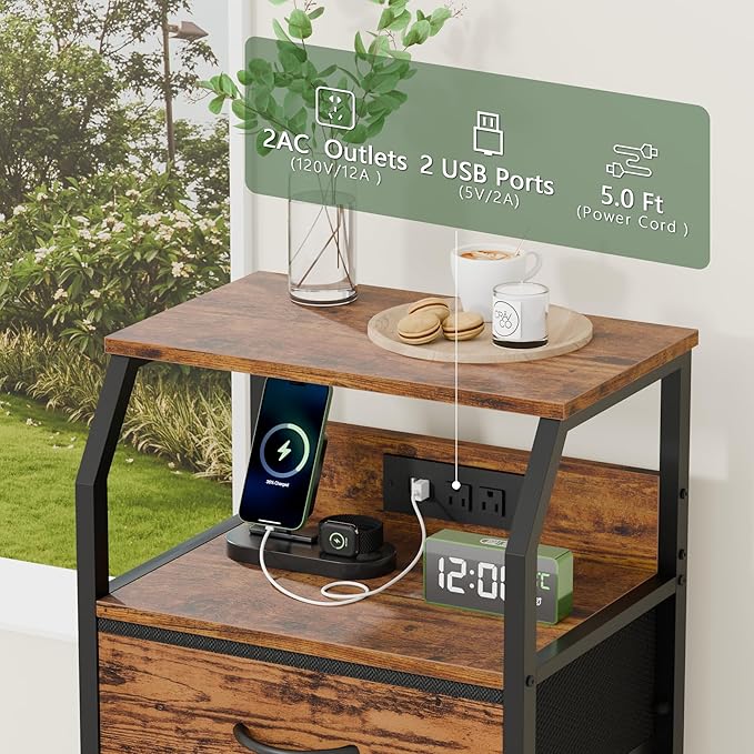 Furnulem 5 Drawers Dresser with Charging Station, Tall Night Stand with Storage Shelf, Fabric Chest of Drawers, Bedside Table for Closet, Entryway, Bedroom Furniture, 3 Ways to Use, Rustic Brown