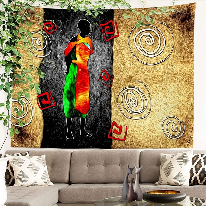 Batmerry African Ethnic Retro Tapestry,Vintage Motive Oil Landscape Fashion Wall Art Hanging Decoration Polyester Fiber White Ruffled Around for Dorm Room Bedroom Living Room, 51.2x59.1 inches