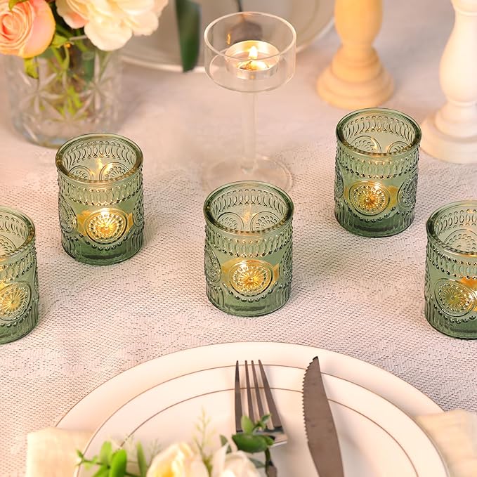 12pcs Green Votive Candle Holders，Glass Tea Lights Candle Holder Bulk for Birthday Parties, Weddings, Table Decorations, Candlelight Dinners