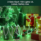 Brizled Green Christmas Lights, 69.6ft 300 Count Mini String Lights Connectable, 120V UL Certified Incandescent Light White Wire, Green Xmas Tree Light for Indoor Outdoor Xmas Halloween Tree Party