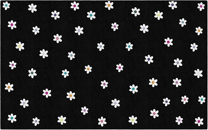 Flagship Carpets Schoolgirl Style Small Daisies on Black Educational Area Rug for Kids Room Seating Décor, Children's Classroom, Play Carpet for Teaching and Playroom, 7'6 "x 12'