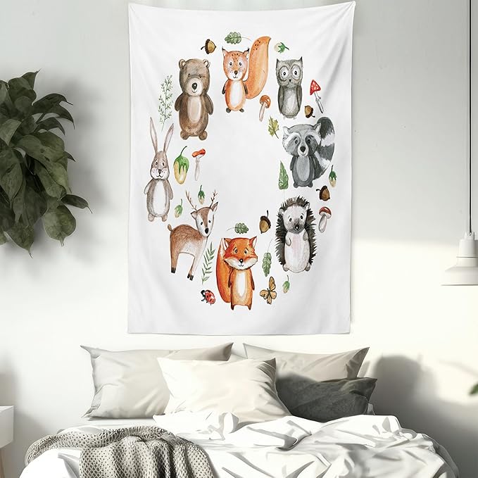 Lunarable Woodland Tapestry, Animals of The Forest Mushrooms Acorns Circular Frame Cartoon Pastel Colors, Wall Hanging for Bedroom Living Room Dorm Decor, 60" X 80", Multicolor