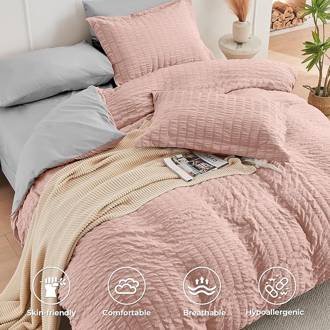 HYMOKEGE Rose Gold/Light Grey King Size Comforter Set Seersucker 7 Pieces, All Season Luxury Bed in a Bag for Bedroom, Bedding Set with Comforter, Sheets, Pillowcases & Shams