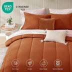 Monbix Queen Comforter Set - 7 Pieces Burnt Orange Bed in a Bag Queen Track Stitching Bedding Sets, All Seasons Down Alternative Comforter Bed Set with Sheets,Pillowcases & Shams