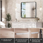 Hasipu Black Bathroom Over Sink Mirror 41x21 Inch Rounded Rectangle Vanity Mirror Metal Framed Wall Mirrors Anti-Rust Surface Mount (Hangs Horizontal or Vertical)