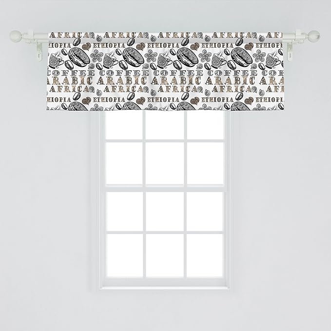 Ambesonne Modern Window Valance Pack of 2, Coffee Beans with Ornamental Words Ethiopians Pattern, Rod Pocket Curtain Valances for Kitchen Bedroom, 42" X 18", Sand Brown Black