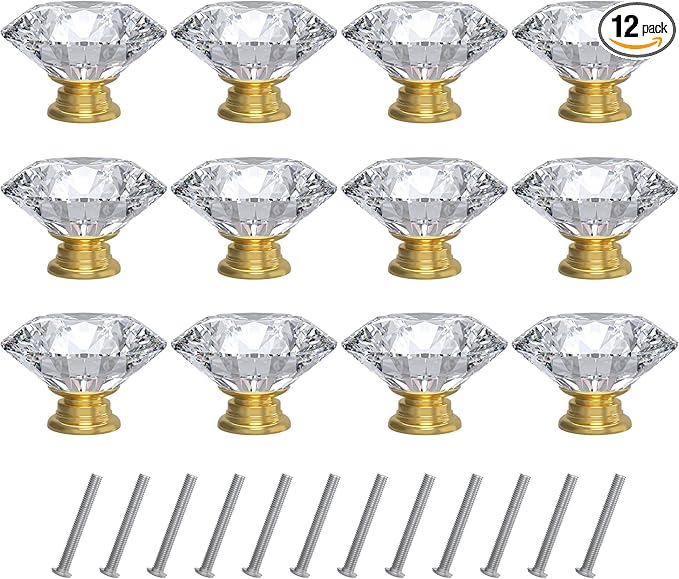 Tomorotec 12-Pack 40mm White Crystal Glass Cabinet Drawer Pull with Gold Base for Modern & Classic Styles, Easy-to-Install Elegant Home Decor Upgrade with Durable Hardware for Vanity, Wardrobe, Desk