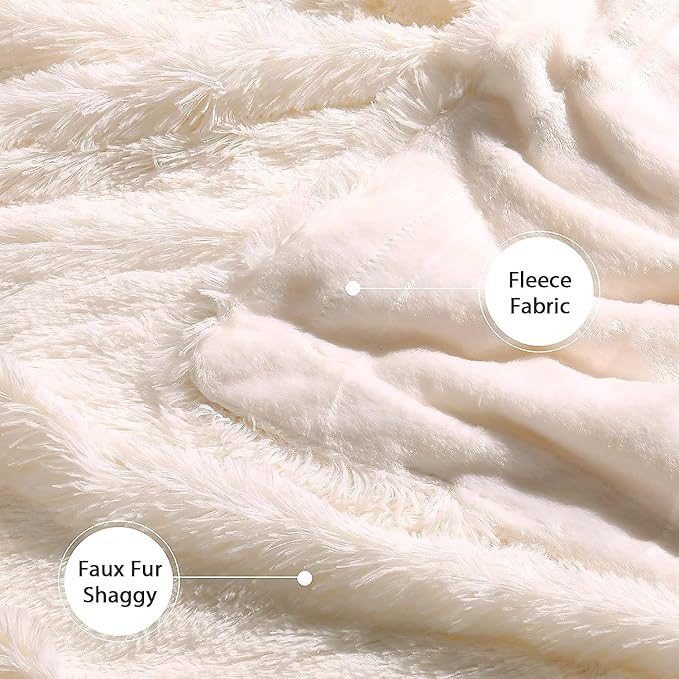 Tuddrom Decorative Extra Soft Faux Fur Blanket Queen Size 80"x90",Solid Reversible Fuzzy Fluffy Plush Fur Blanket for Couch Sofa Bed,Cream White