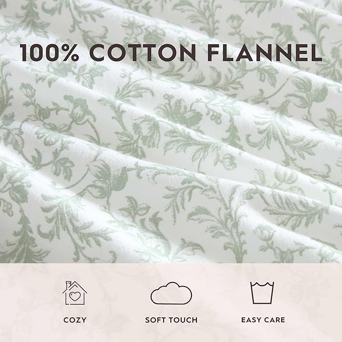 Laura Ashley - Flannel Sheets Full Size, Anti-Pilling & Wrinkle Resistant Cotton, Touchably Soft for All-Season Comfort - Bed Sheets with Matching Pillowcases & Fitted Sheet (Brinna Green)