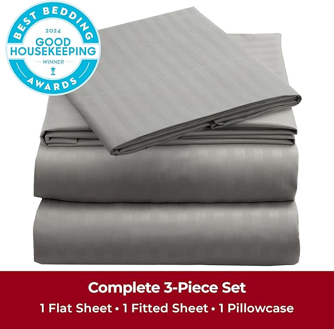 Mellanni Twin XL Sheets Set - 3 PC Iconic Collection Bedding - Hotel Luxury, Extra Soft, Cooling Bed Sheets - Wrinkle, Fade, Stain Resistant (Twin Extra Long, Striped Gray/Silver)