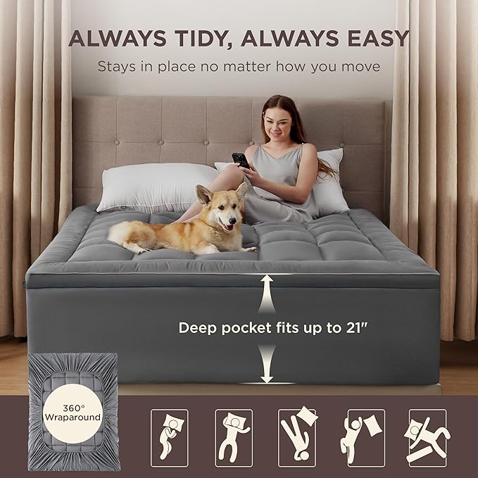 Bedsure Twin Mattress Topper - Pillow Top Mattress Pad Cover with Deep Pocket Fits up to 21 Inches, Plush Soft Bed Topper for Back Pain Relief, Overfilled with Down Alternative Filling, Grey