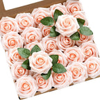 Ling’s Moment Artificial Flowers 25Pcs Glowing Blush Roses Decor w/Stems,3" Real Touch DIY Foam Floral for Wedding Bouquet/Centerpieces, Outdoors Party Backdrop, Room/Table, and Garden/Pot Decorations