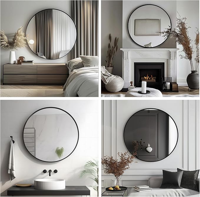 Black Circle Mirror, Round Bathroom Mirror 20 inch, Round Wall Mirror Metal Frame, Circle Mirrors for Bathroom, Vanity, Bedroom, Hallway.