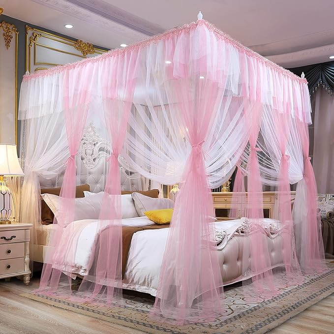 Joyreap Luxury 4 Corners Post Canopy Bed Curtains - Pink & White Cozy Drape Netting - Cute Princess Style Bedroom Decoration Accessories (86" W x 78" L, King)