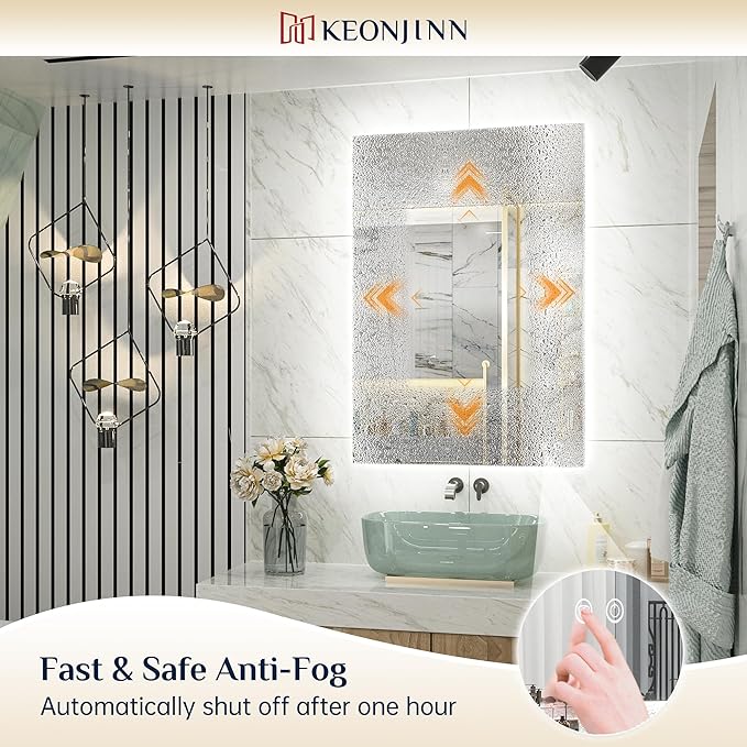 Keonjinn Backlit Mirror Bathroom 20” x 28”, Anti-Fog Mirror with Lights, CRI90+ HD Tempered Glass, Waterproof, UL Listed, Stepless Dimmable LED Mirrors for Bathroom, High Lumen, Waterproof