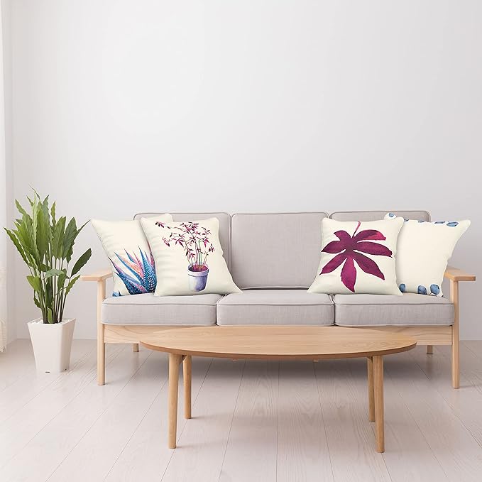 Ambesonne Botanical Throw Pillow Cushion Case Pack of 4, Minimalist Watercolor Painting Leaves Agave Branches Plant in a Pot, Modern Accent Double-Sided Digital Printing, 24", Dark Pink and Ceil Blue