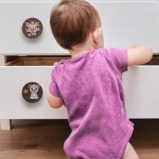 JamJam Set of 8 1.8" Wooden Unique Cabinet Knobs Pig Tiger with Flower Safari Animal Nursery Dresser Drawer Furniture Handle Knobs and Pulls