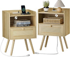 SUPERJARE Nightstands Set of 2, Night Stands with Charging Station & PE Rattan Decor Drawer, Bed Side Tables with Solid Wood Feet, End Table, for Bedroom, Living Room - Natural