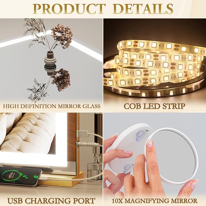 Vanity Mirror with Lights, 32" x 22" Large Lighted Vanity Mirror with Dimmable 3 Modes, LED Makeup Mirror, 10X Magnification, USB Charging Port, Tabletop or Wall-Mounted Square Gold