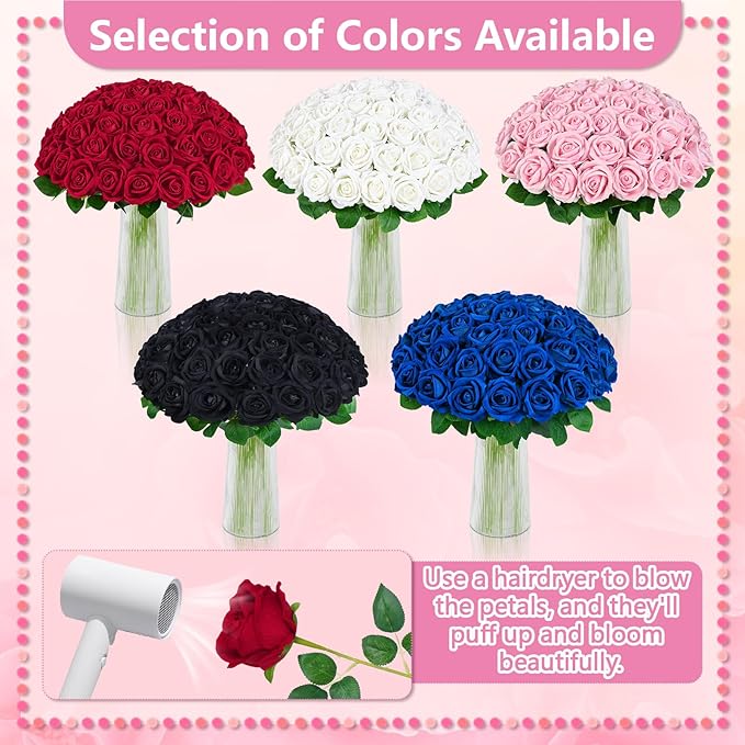 BLEUM CADE 50 Pcs White Roses Artificial Flowers, Real Touch Velvet Roses Fake Flowers Bulk, Artificial Roses Bouquet with Long Stems Bridal DIY Wedding Party Centerpiece Decorations