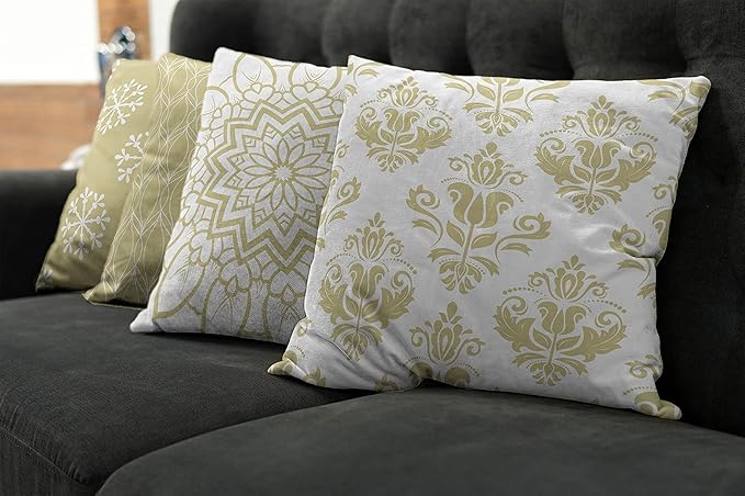 Ambesonne Retro Throw Pillow Cushion Case Pack of 4, Trellis Grid Medieval Floral Damask Mandala Flower Ornament in Modern Monochrome, Modern Accent Double-Sided Digital Printing, 16", Pale Khaki