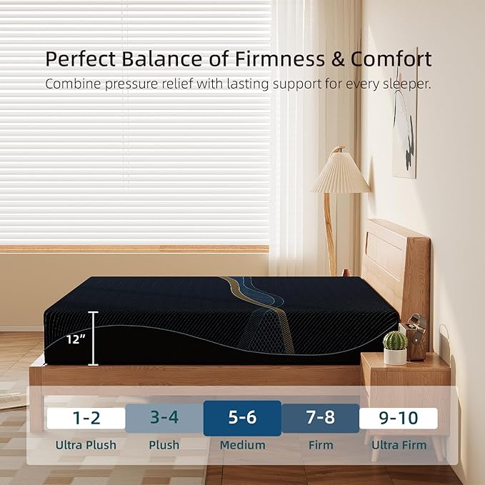 Crystli Queen Mattress 12 Inch, Gel Memory Foam Queen Size Mattresses, Activated Charcoal Infused, Medium Firm Bed Mattress in a Box for Pressure Relief, Fiberglass-Free, CertiPUR-US Certified, Black