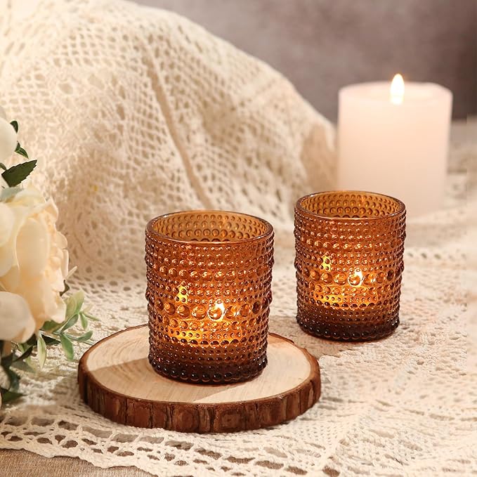 12Pcs Amber Votive Candle Holders 2x2.5in, Glass Tea Light Candle Holder for Wedding Table Decor & Christmas Thanksgiving