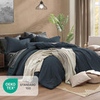 Monbix California King Comforter Set - 7 Pieces Cationic Dyeing Navy Blue Bed in a Bag Cal King Bedding Sets with Comforter, Sheets, Pillowcases & Shams, Reversible Bedding Comforters Sets(108 * 92)