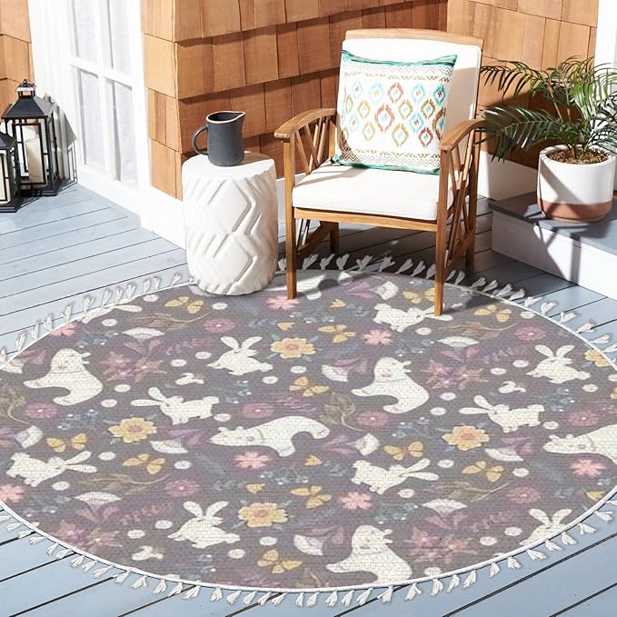 Round Rugs Autumn Forest Cute Bear Rabbit Flowers Butterflies Cartoon Boho Area Rug Linen and Cotton Carpet Meditation Rug Washable Hallway Runner Mat Accent Rug for Bedroom Bathroom 6ft