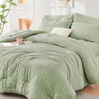 HYMOKEGE Light Green Twin Comforter Set Seersucker 5 Pieces, All Season Luxury Bed in a Bag for Bedroom, Bedding Set with Comforters, Sheets, Pillowcase & Shams