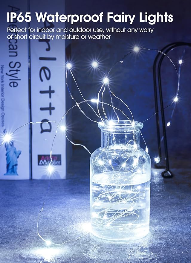 Minetom 6 Pack Fairy Lights Battery Operated String Lights - 7ft 20 LED Waterproof Silver Wire Firefly Lights Waterproof for DIY Crafts Wedding Décor Table Mason Jars Party, White