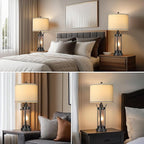 QiMH Farmhouse Table Lamps for Living Room, Beside Lamps for Bedroom with USB A+C Charging Ports, Rustic Nightstand Lamp Set of 2 with Frosted Glass Night Light, 4 Bulbs Included (Black)