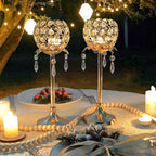 Crystal Tea Light Candlestick Holders Flower Shape with Crystal Pendant Bowl Votive Metal Candle Holder for Table Centerpieces Wedding Home Decor (Set of 2 high, Gold)