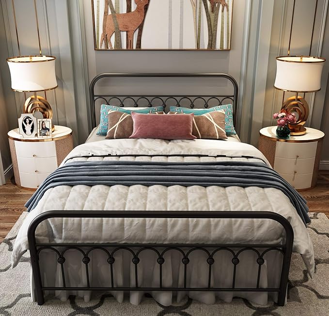 TUSEER Metal Bed Frame Queen Size with Vintage Headboard and Footboard Platform Base Wrought Iron Bed Frame (Queen,Black)